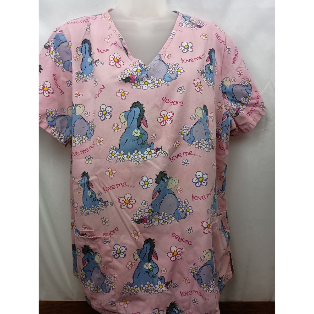 Disney Eeyore L v neck pink blue flower medical receptionist dentist scrub top